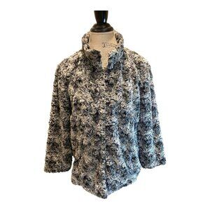 Chico’s Gray /White Fluffy 3/4 Sleeve 2 Pocket Lined Jacket Women's Sz 2 (Large)